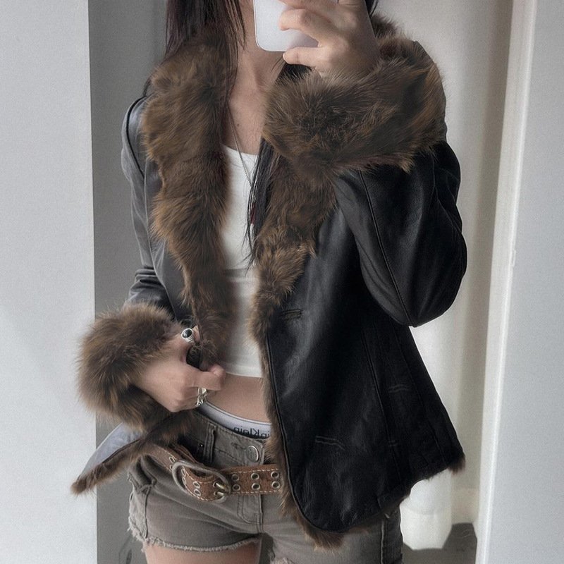 Women's Faux Leather Jacket with Faux Fur Collar
